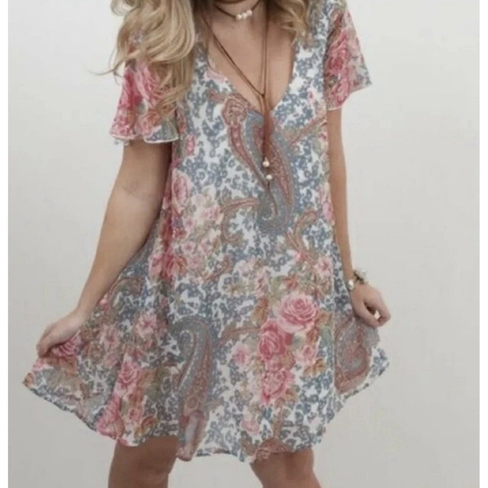 Show Me Your Mumu Kylie Mini‎ Dress Grey Gardens Boho Floral Women's Size Large